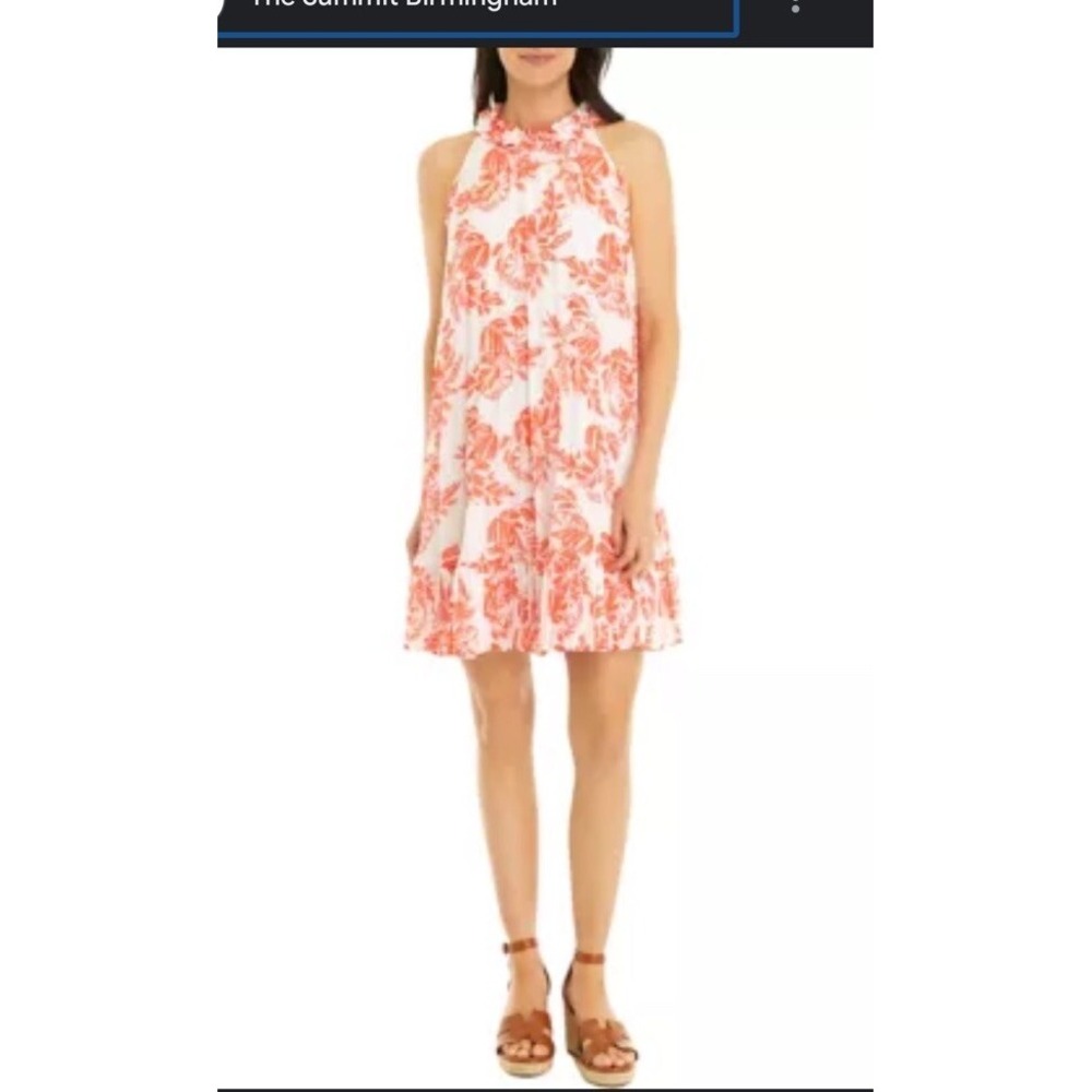 Crown & Ivy Pink Orange Chiffon Sleeveless Swing Dress Floral Pockets Size L